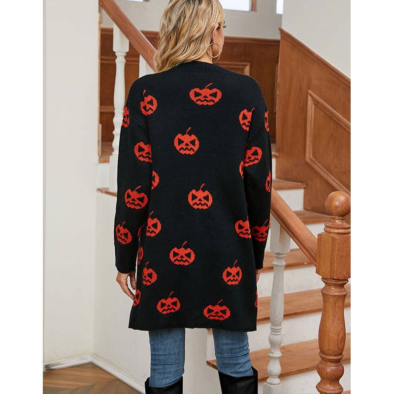 HALLOWEEN PUMPKIN HEAD LONG BUTTON-DOWN CARDIGAN: BLACK / (XL) 1