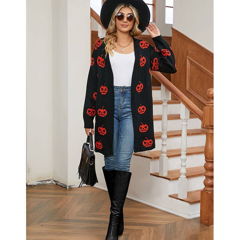 HALLOWEEN PUMPKIN HEAD LONG BUTTON-DOWN CARDIGAN: BLACK / (XL) 1