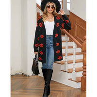 HALLOWEEN PUMPKIN HEAD LONG BUTTON-DOWN CARDIGAN: BLACK / (XL) 1