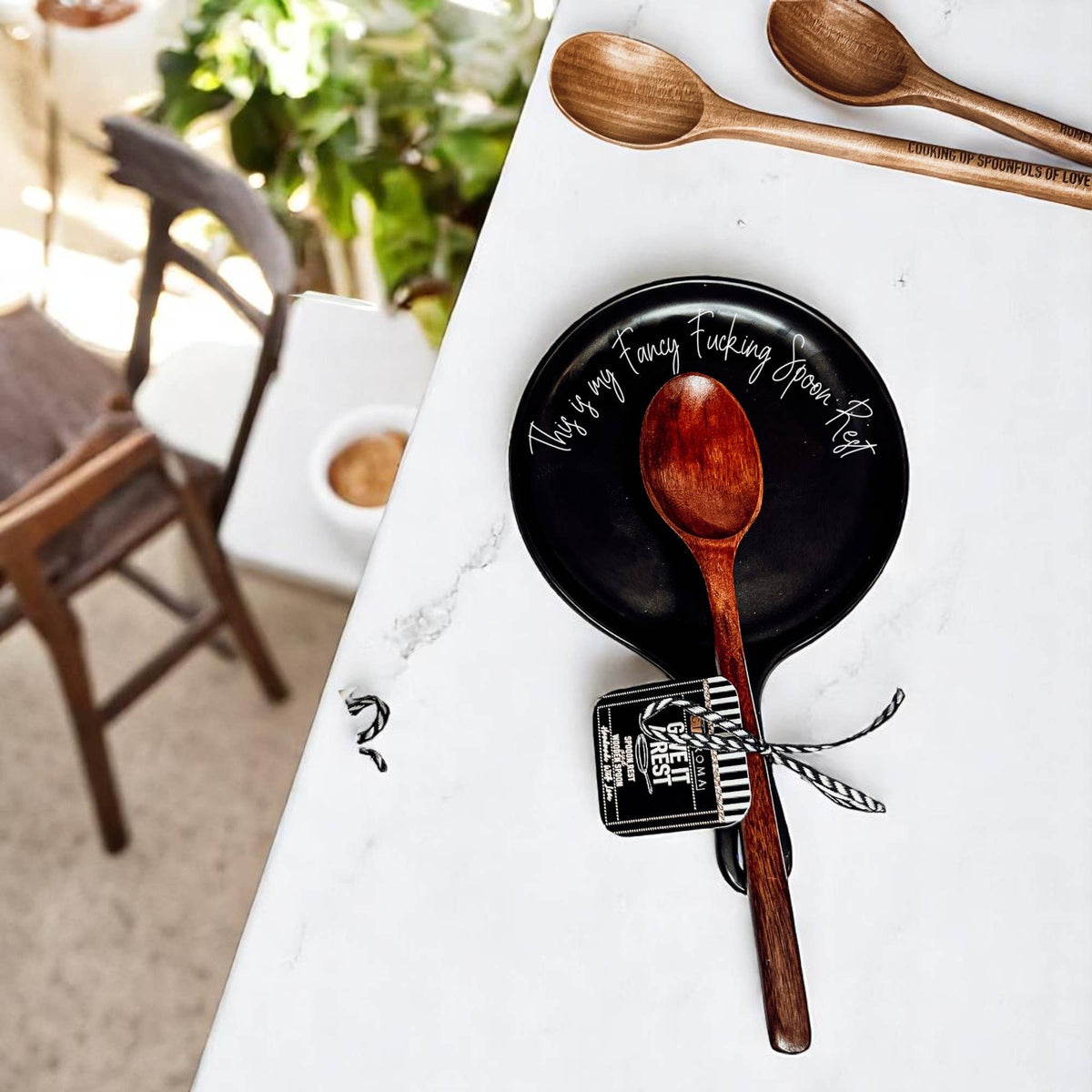 Sarcastic Kitchen Decor | Spoon Rest + Wooden Spoon Gift Set: Mom's Kitchen-BLACK / Dark Wood