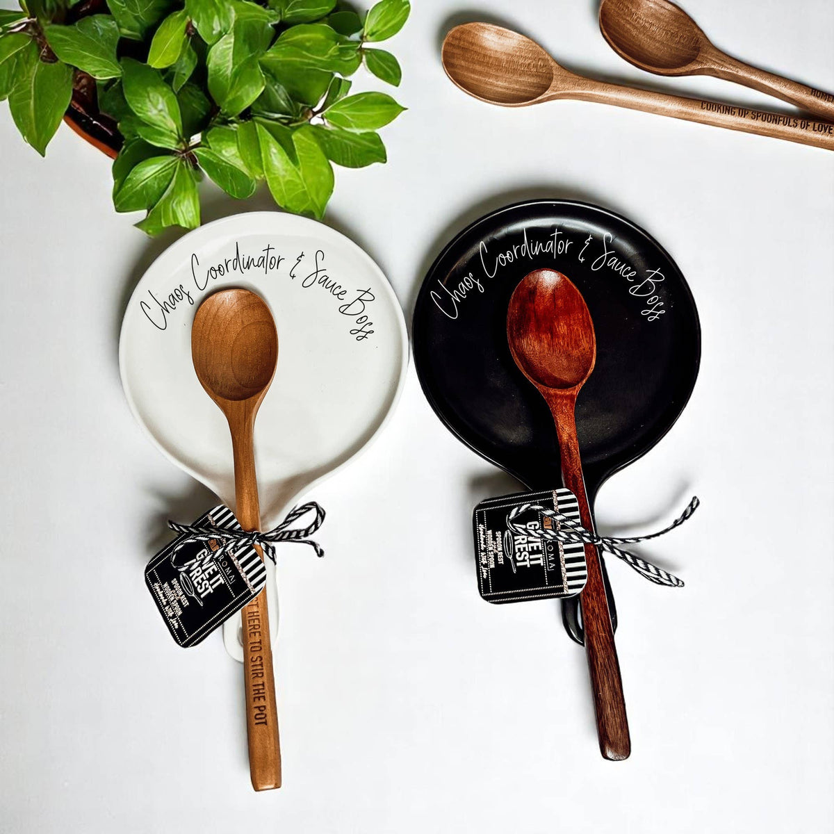Sarcastic Kitchen Decor | Spoon Rest + Wooden Spoon Gift Set: Mom's Kitchen-BLACK / Dark Wood