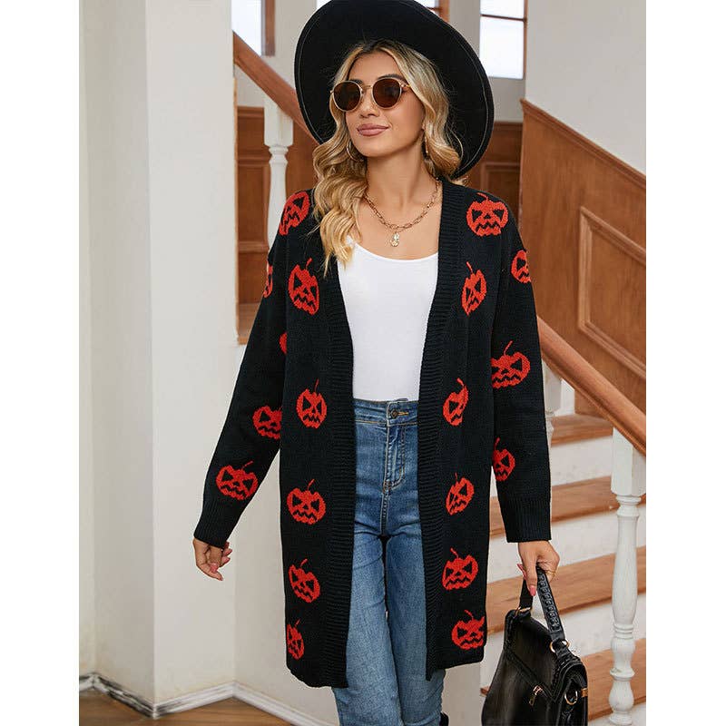 HALLOWEEN PUMPKIN HEAD LONG BUTTON-DOWN CARDIGAN: BLACK / (L) 1