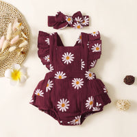 100% Cotton 2pcs Daisy Print Crepe Fabric Baby Romper Set: Bluish Grey / 0-3 Months