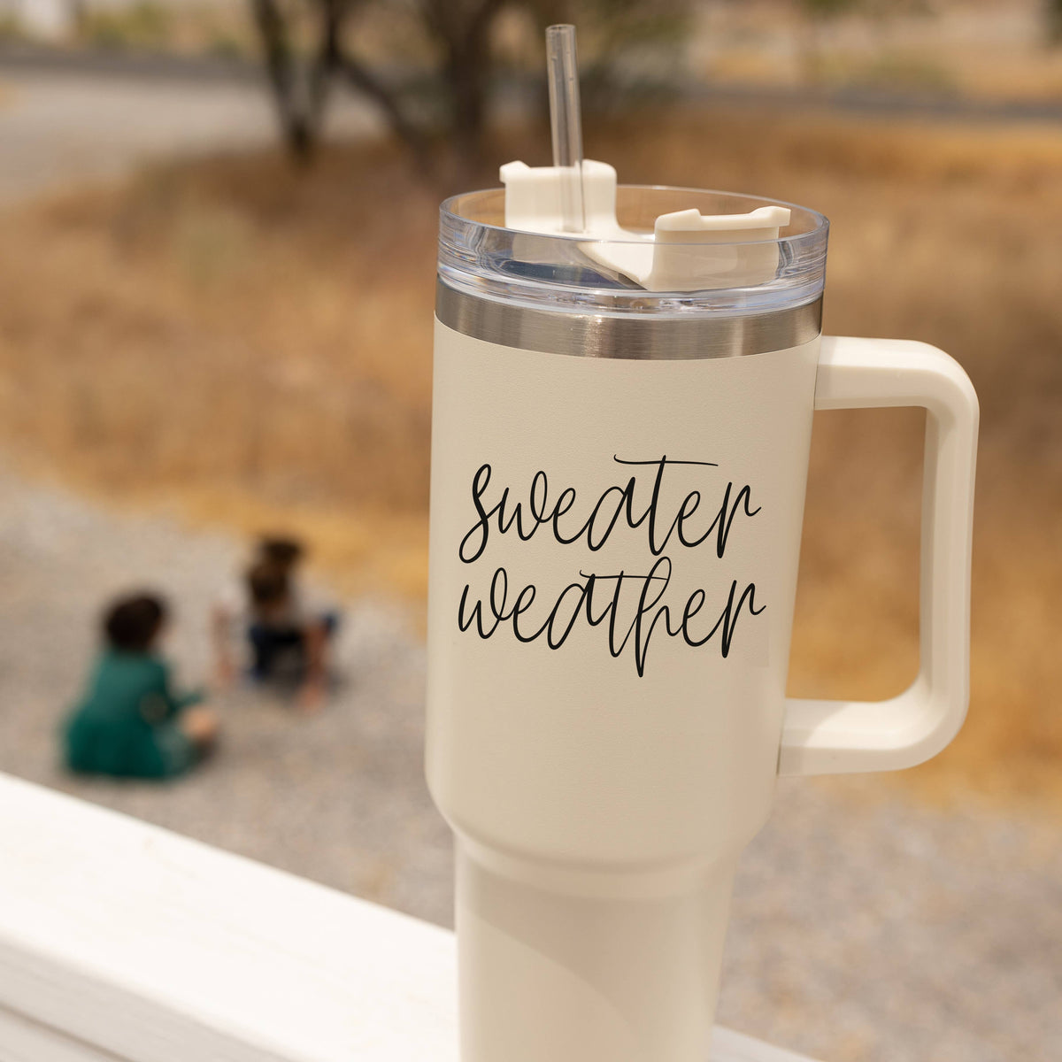 Fall Mug With Lid, Autumn Leaves + Pumpkins Please 40oz Mug: Sweater Weather-Off White