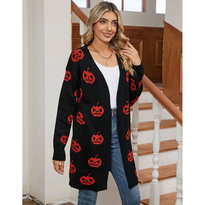 HALLOWEEN PUMPKIN HEAD LONG BUTTON-DOWN CARDIGAN: BLACK / (S) 1