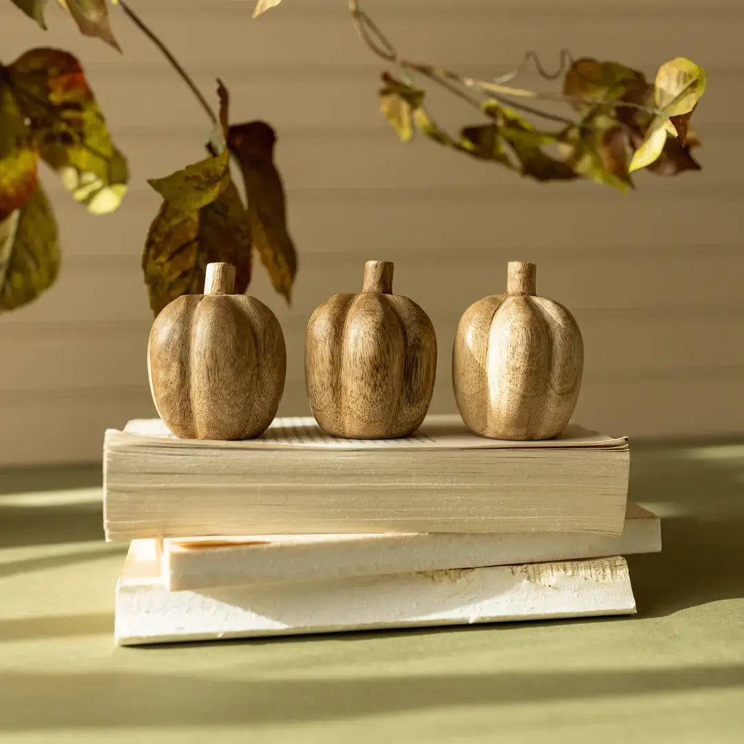Decorative Wood Pumpkin Baubles With Cotton Bag, Set Of 3