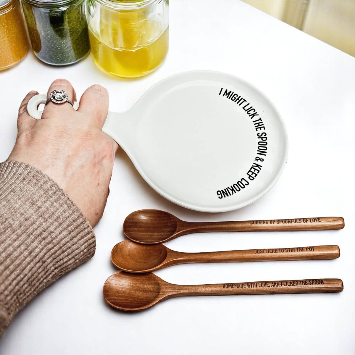 Sarcastic Kitchen Decor | Spoon Rest + Wooden Spoon Gift Set: Mom's Kitchen-BLACK / Dark Wood