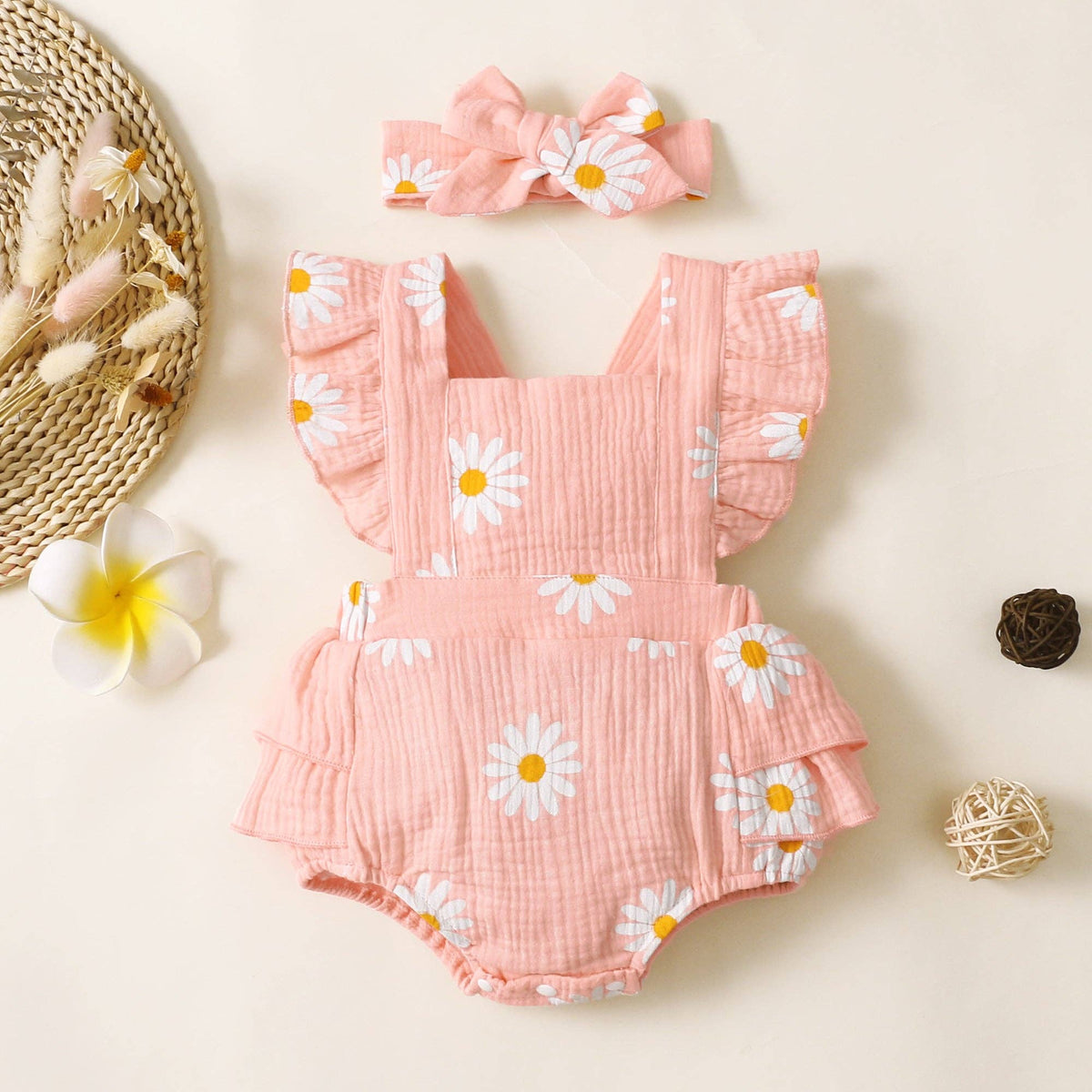 100% Cotton 2pcs Daisy Print Crepe Fabric Baby Romper Set: Bluish Grey / 0-3 Months