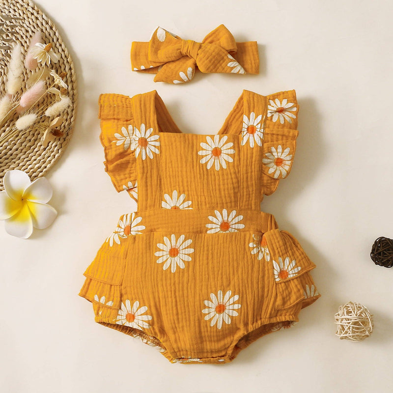 100% Cotton 2pcs Daisy Print Crepe Fabric Baby Romper Set: Bluish Grey / 0-3 Months