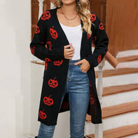 HALLOWEEN PUMPKIN HEAD LONG BUTTON-DOWN CARDIGAN: BLACK / (S) 1