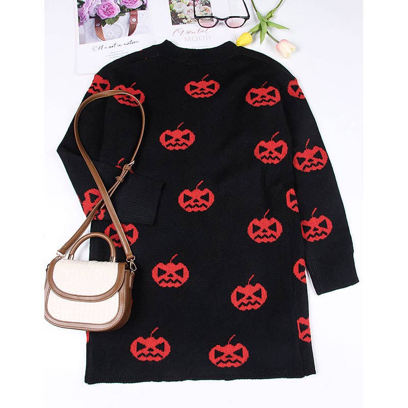 HALLOWEEN PUMPKIN HEAD LONG BUTTON-DOWN CARDIGAN: BLACK / (XL) 1