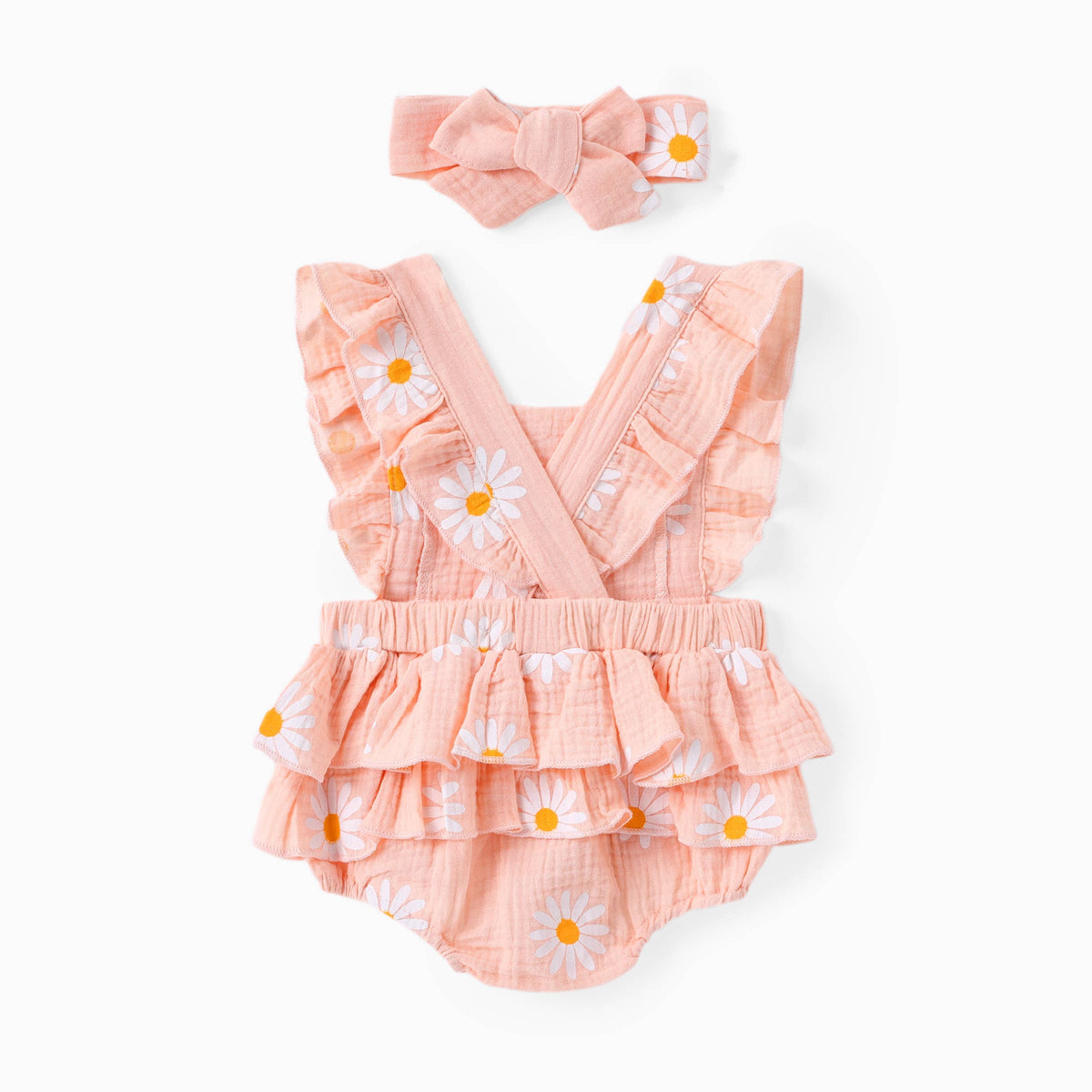 100% Cotton 2pcs Daisy Print Crepe Fabric Baby Romper Set: Bluish Grey / 0-3 Months
