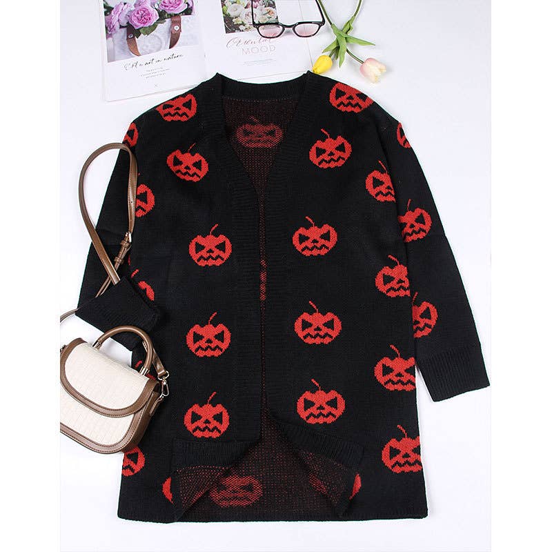 HALLOWEEN PUMPKIN HEAD LONG BUTTON-DOWN CARDIGAN: BLACK / (S) 1