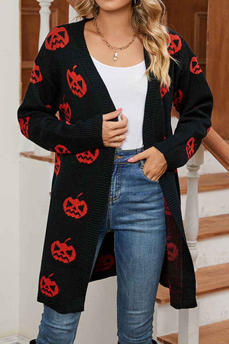 HALLOWEEN PUMPKIN HEAD LONG BUTTON-DOWN CARDIGAN: BLACK / (M) 1