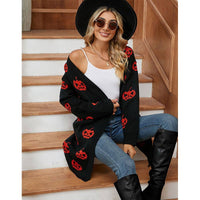 HALLOWEEN PUMPKIN HEAD LONG BUTTON-DOWN CARDIGAN: BLACK / (M) 1